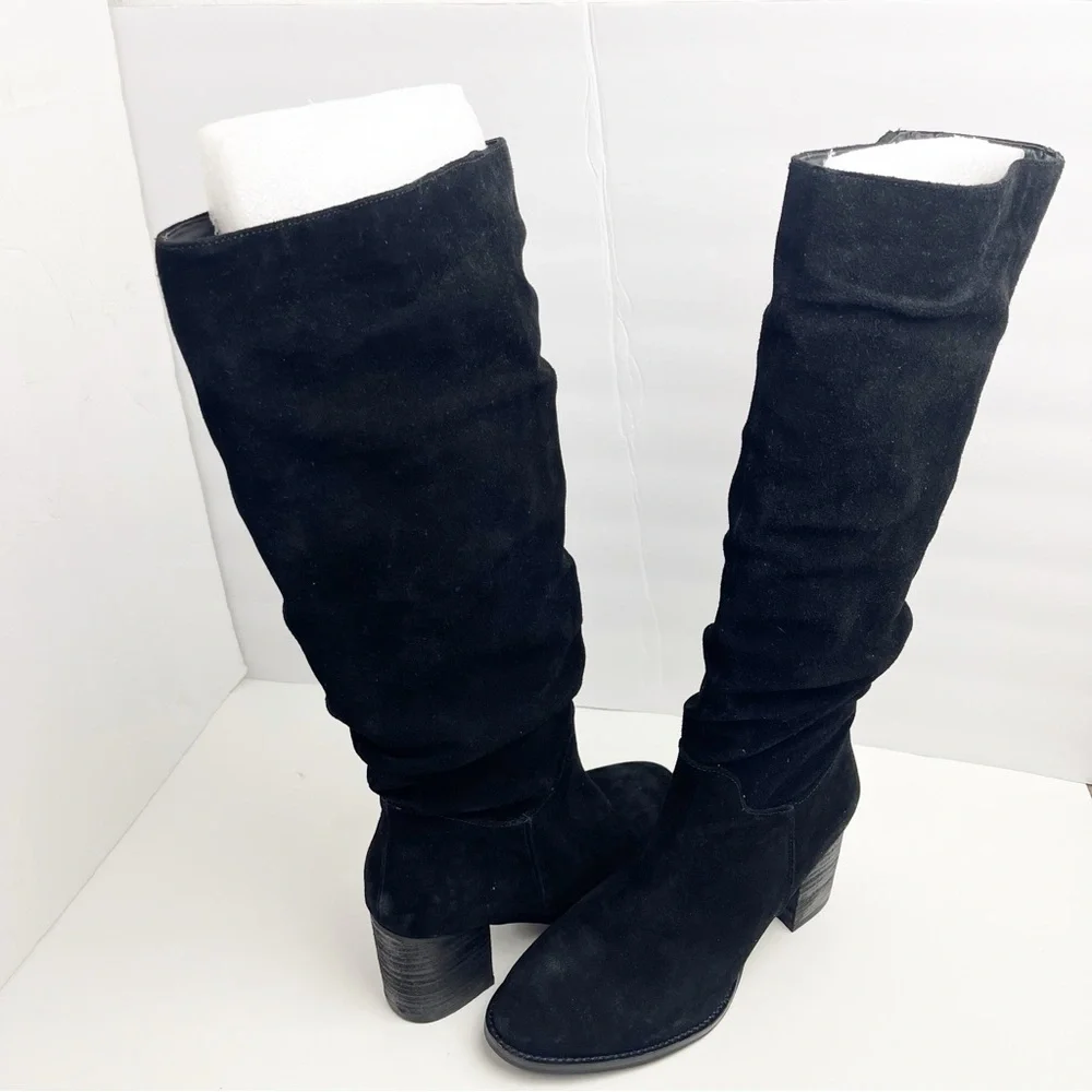 BLONDO Nada Black Leather Stacked Heel Waterproof Knee High Boots, Size 9.5
